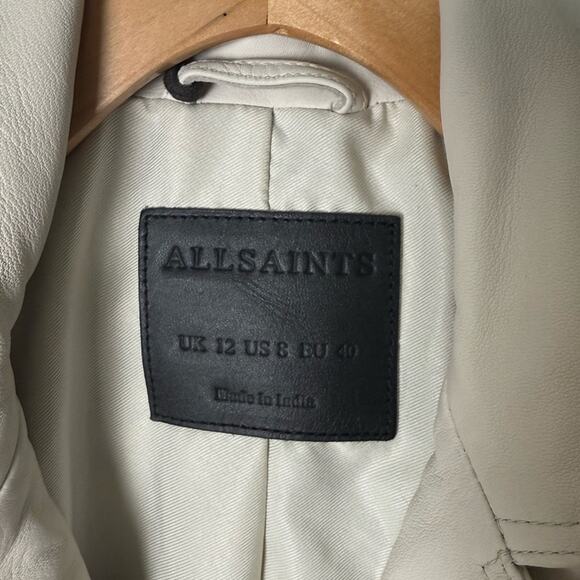 All Saints Leather Biker Balfern Belted Hem Zip Up Long Sleeve Jacket Ivory 8 - Picture 7 of 8